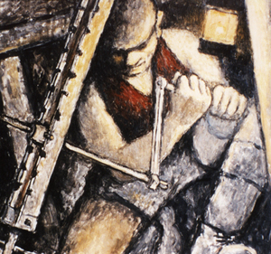 Painting of a miner underground with a drill