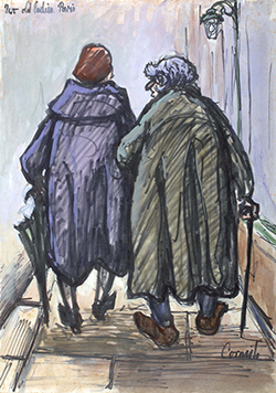A painting of two woman walking along a pathway