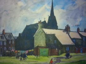 A painting of houses with St. Cuthbert's Church in background on a dry day