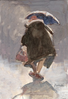 A painting of a woman walking into the distance carrying a bag and umbrella