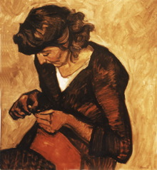A painting of a woman sewing