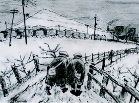 A painting of two men walking up a snowy path